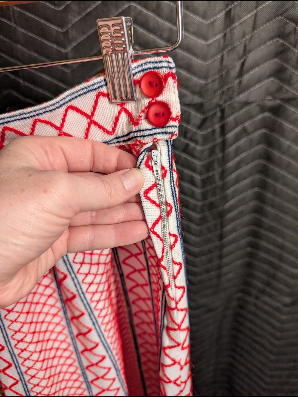 Vintage Red and White Geometric Maxi Skirt with Fringe - Picture 2 of 3